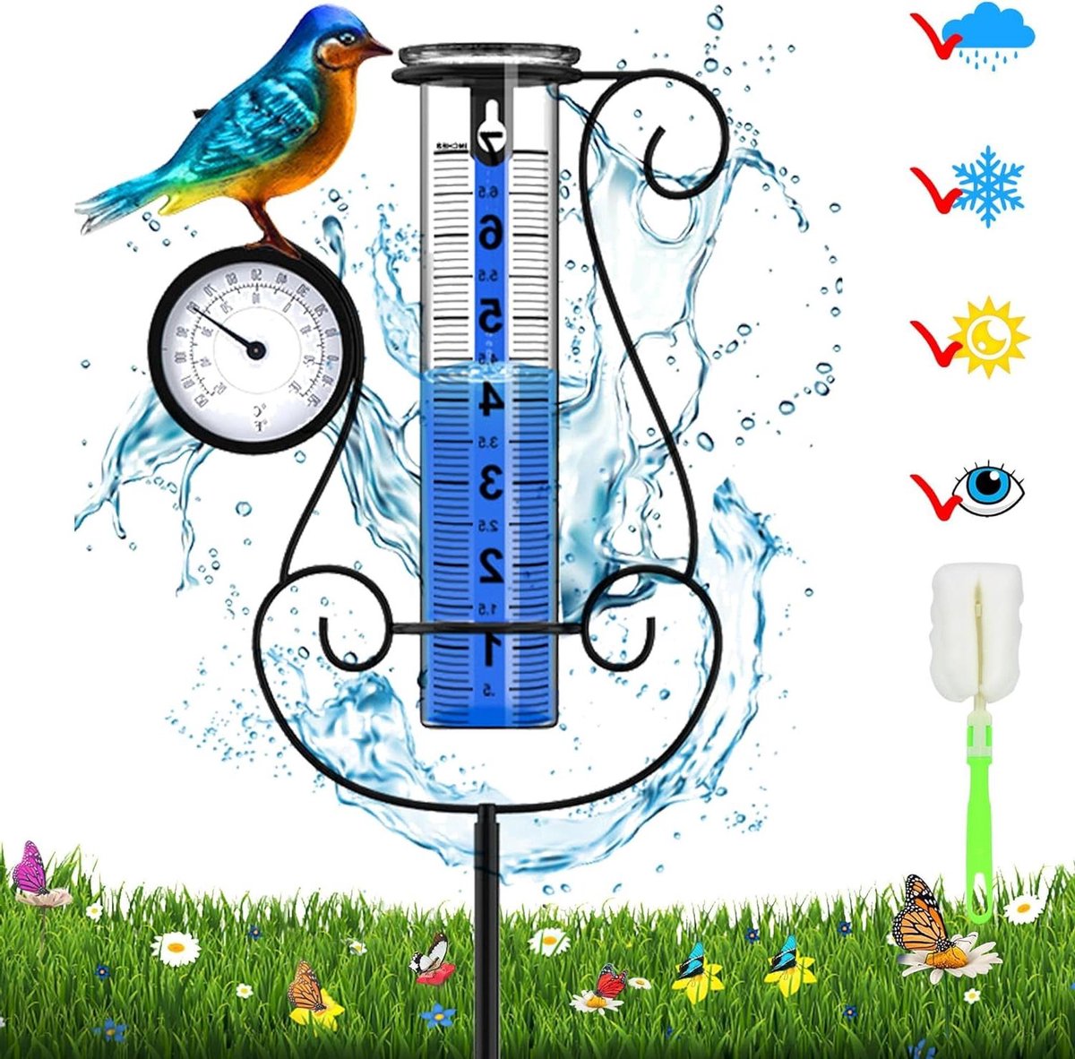 Regenmeter Tuin - Weerstation Meting - Waterstand Meten - Met Temperatuur Hygrometer - 74 cm Hoog - Multicolor