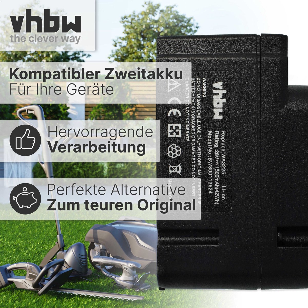 vhbw Vervangende accu voor Worx WA3226, WA3565, WA3225 grasmaaiers (1500mAh 28V Li-Ion) thumbnail 5