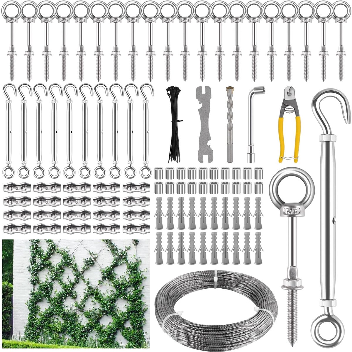 150FT Tuindraad Trellis voor klimplanten, Kalolary T316 Gespannen RVS Tuinrooster met spanner Wandgemonteerde hek Plant Trellises voor Outdoor Muur Tuin Hek Druif