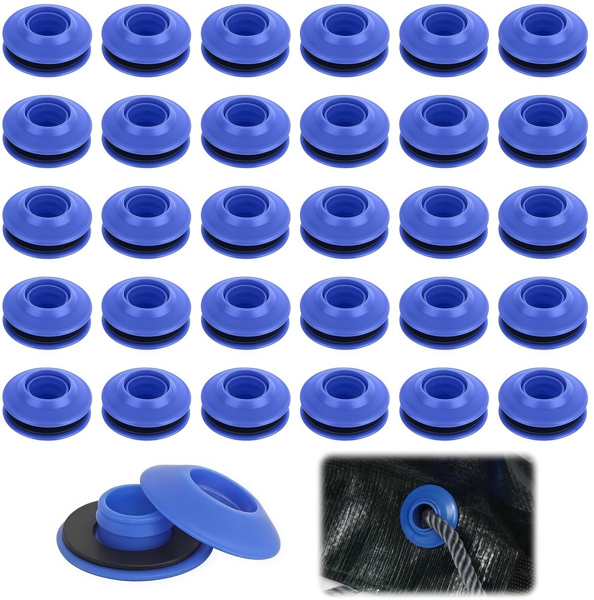 30-delige set met blauwe ogen voor dekzeilen, kunststof ogen voor dekzeilen, roestvrije ringen, gordijnen, ringen voor luifels, tenten, zwembadzeil (27 x 27 x 11 mm)