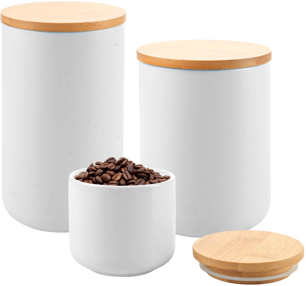Set van 3 keramische voorraaddozen met houten deksel voor koffie, thee, suiker | Voorraaddoos keuken, 1000/800/260 ml, houten deksel, lepel, voor koffie, thee, suiker, specerijen