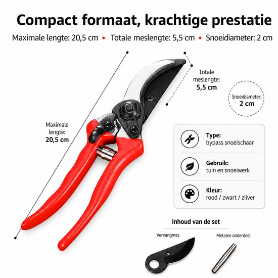 Snoeischaar - Professionele Tuinschaar met SK5 Koolstofstalen Lemmet - Scherpe Takkenschaar voor Snoeien van Bomen, Struiken en Planten - Ergonomische Handgreep - Duurzaam Tuingereedschap voor Tuinonderhoud - 27 cm — afbeelding 2