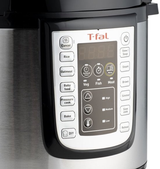 Detail van het digitale bedieningspaneel van een zilverkleurige Tefal multicooker met diverse kookprogramma's.
