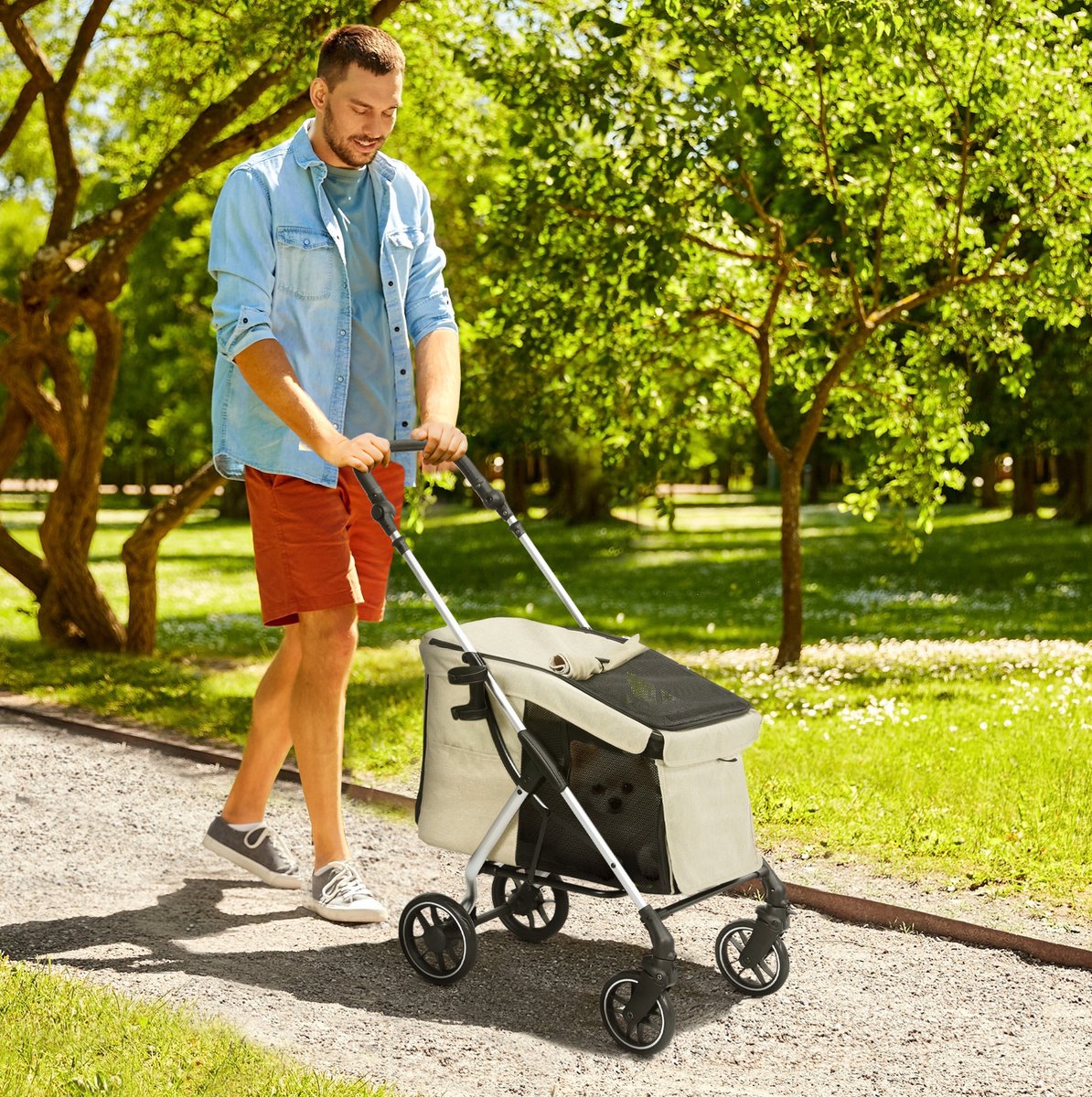 MEUNIQ hondenbuggy opvouwbaar 80 x 48,5 x 106 cm met aluminium frame, mesh ramen, veiligheidslijn en opbergmand, khaki, voor kleine honden en katten tot 10 kg