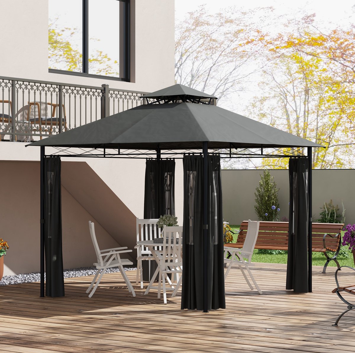 MEUNIQ paviljoen partytent 295 x 295 x 285 cm met dubbel dak en afneembare zijwanden, metalen tuinpaviljoen voor tuin en terras, donkergrijs