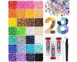 Set de 38000 Strass - Kit Bedazzle - Strass en résine Jelly - Kit de Strass DIY - Strass adhésifs - Diamants pour ongles - Strass Flatback multicolores de 3 mm - Incl. Colle, Pince à épiler & Stylo à cire - Pour décoration, Diamond Painting, Nail Art