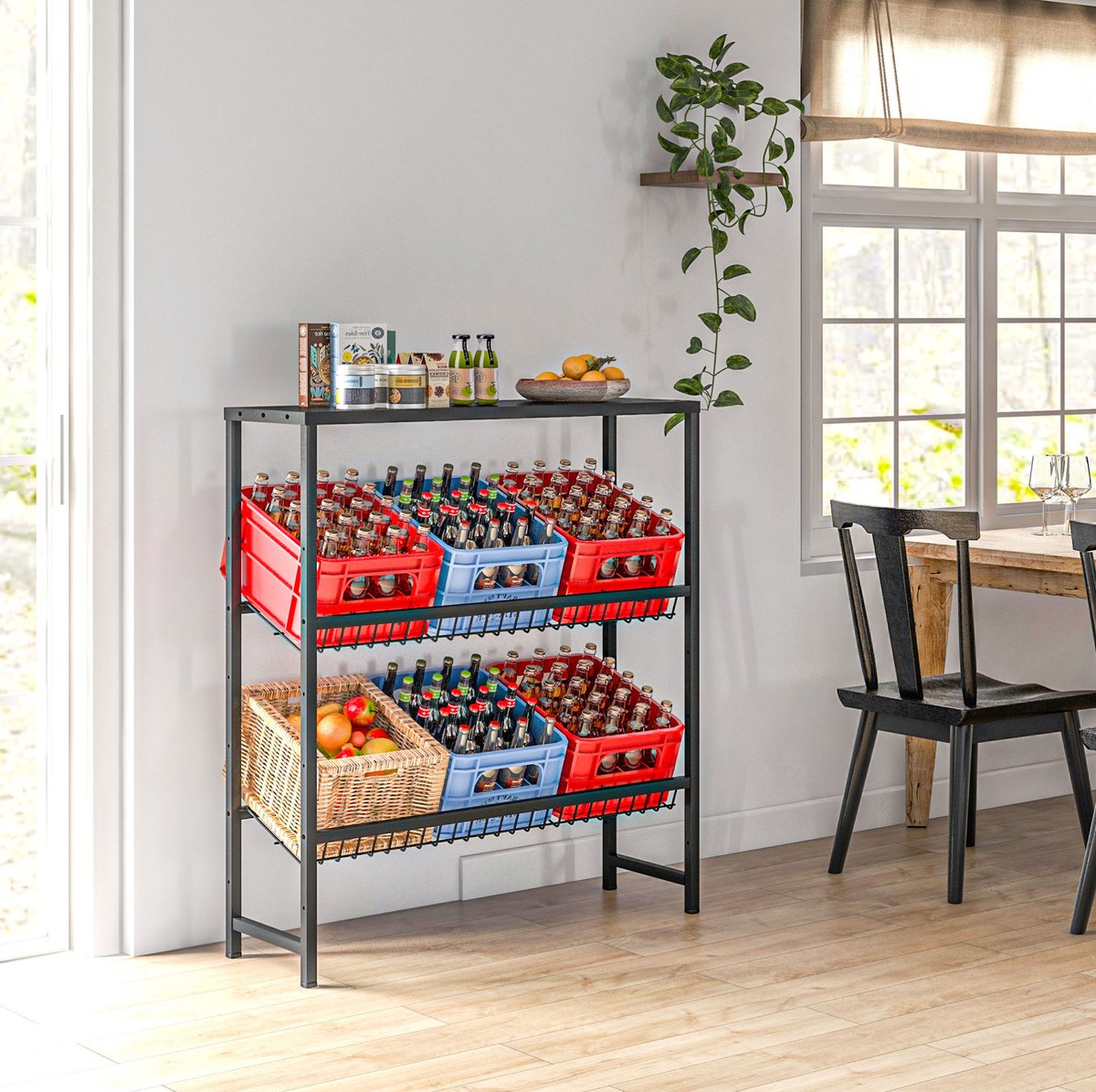 MEUNIQ drankkrattenrek vrijstaand 103 x 33 x 113,5 cm met 3 niveaus, verstelbare plankhoogte, bovenblad en antislip voetdoppen, zwart