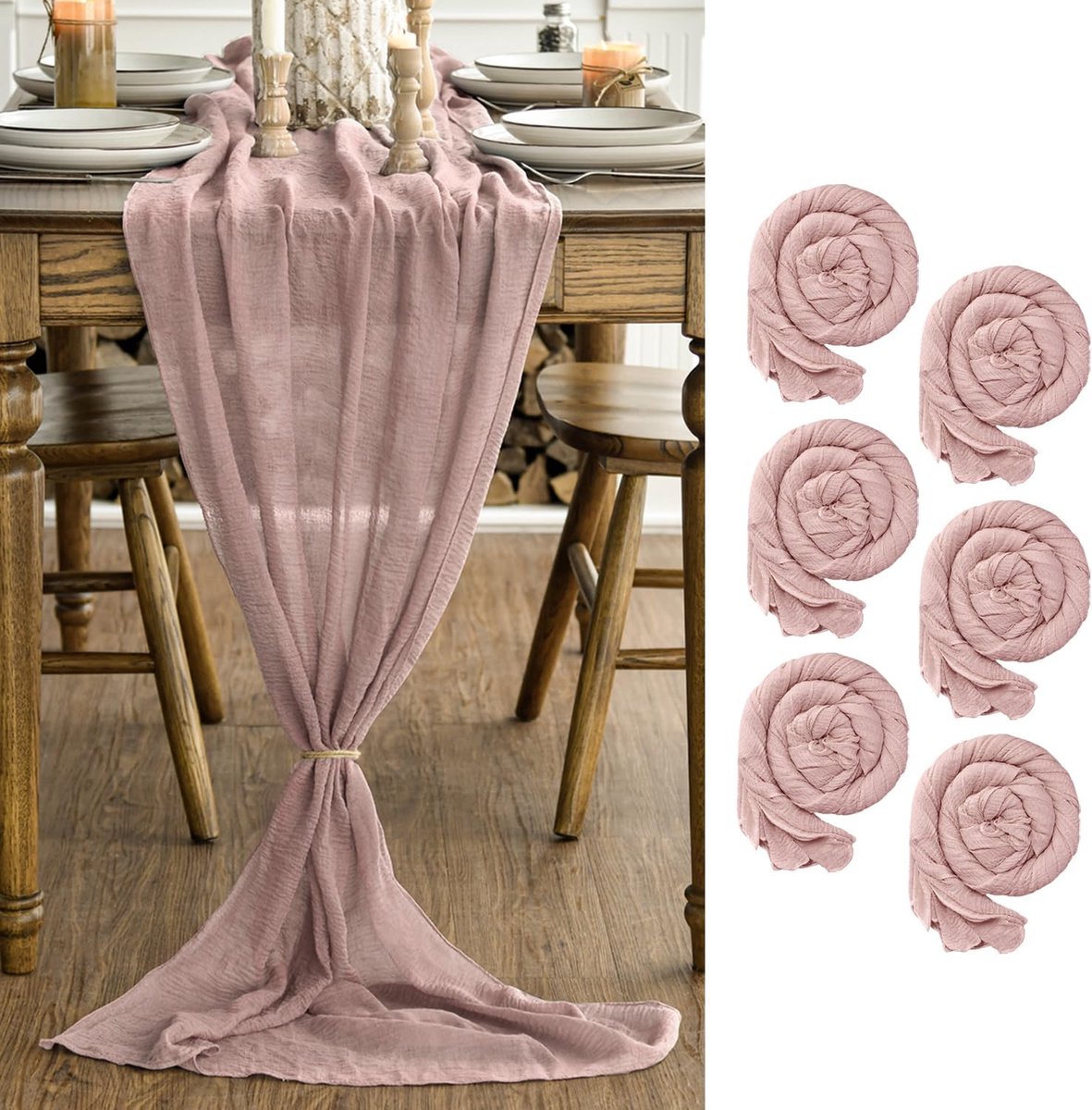 Mode Tafelloper van gaas, boho, 6 stuks, stoffig, roze, 80 x 300 cm, tafeldecoratie voor keuken, vakantie, bruiloft, verjaardagsfeest