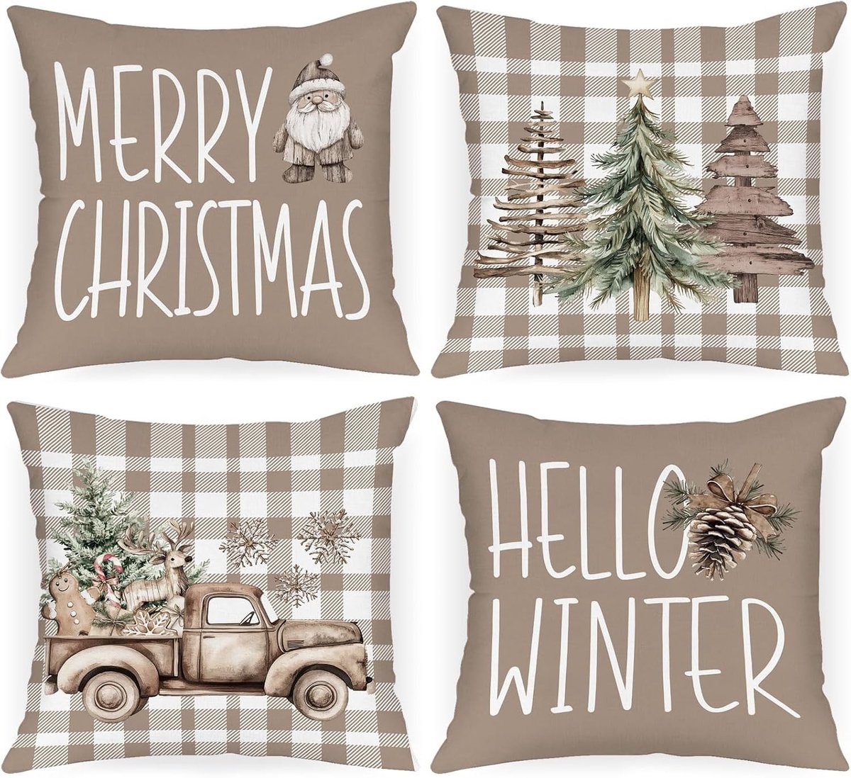 Set van 4 Kerst Kussenhoezen 40x40 cm, Bruine Decoratieve Kussens met Kerstboom en Merry Christmas Motief voor Woonkamer en Bankdecoratie