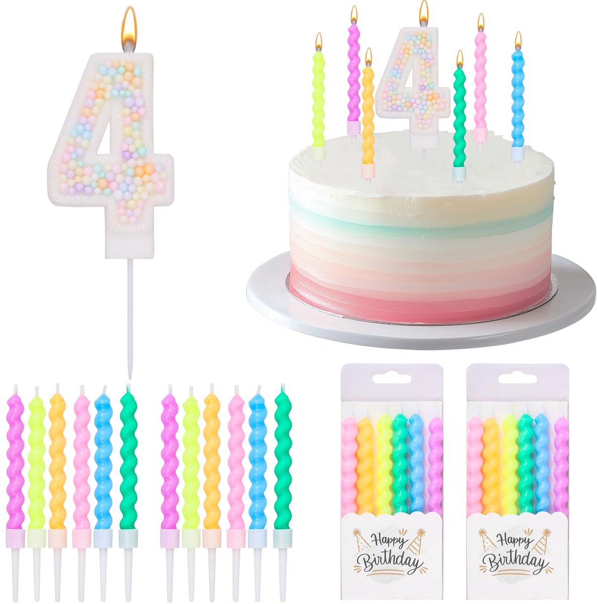 kleurrijke kaarsen, taart, cijfers 4, 13 stuks | Helical kaarsen, verjaardag, taartkaarsen voor jongens en meisjes, verjaardagskaars, taartfeest, decoratie