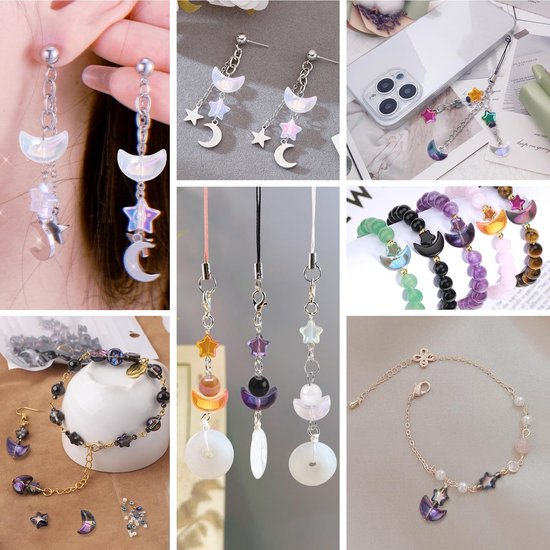kralen set 520 stuks ster & maan 8-14mm + mini glaskralen kleurrijk gegalvaniseerd voor armbanden sieraden maken oorbellen doe-het-zelf kettingen - incl. opbergdoos — afbeelding 4