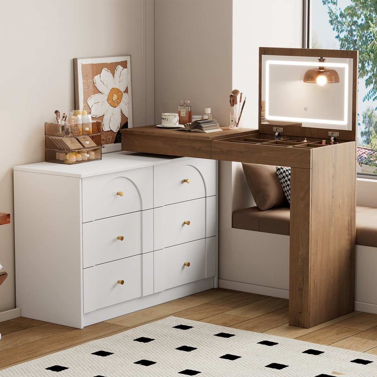 KOMHTOM - Draaibare kaptafel met LED - Wit houtlook - 105x40x80 cm - Make-up & computertafel