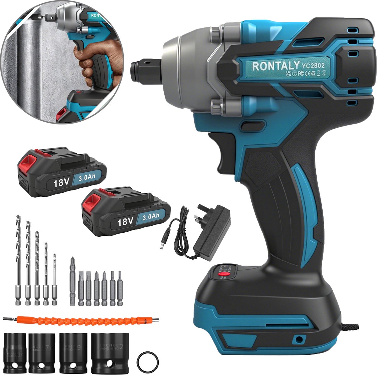 18V Accu Slagmoersleutel Complete Set | 2 Lithium‑Accu’s, EU‑oplader, 4 Slagdoppen (14/17/19/22 mm), Boor‑ en bitset | Draadloze slagschroevendraaier voor auto‑, garage‑ en montageklussen