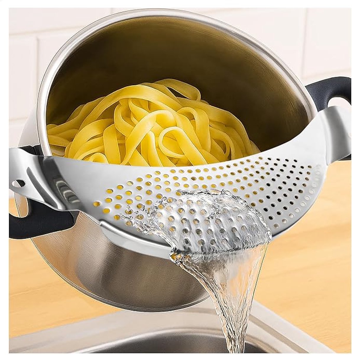 Pan met watergiethulp, pannenzeef, kom, pan, pannendrogerrek, halve bolzeef accessoire, vaatwasmachinebestendige pastazeef, roestvrij staal, 1 stuk-Stijl 1
