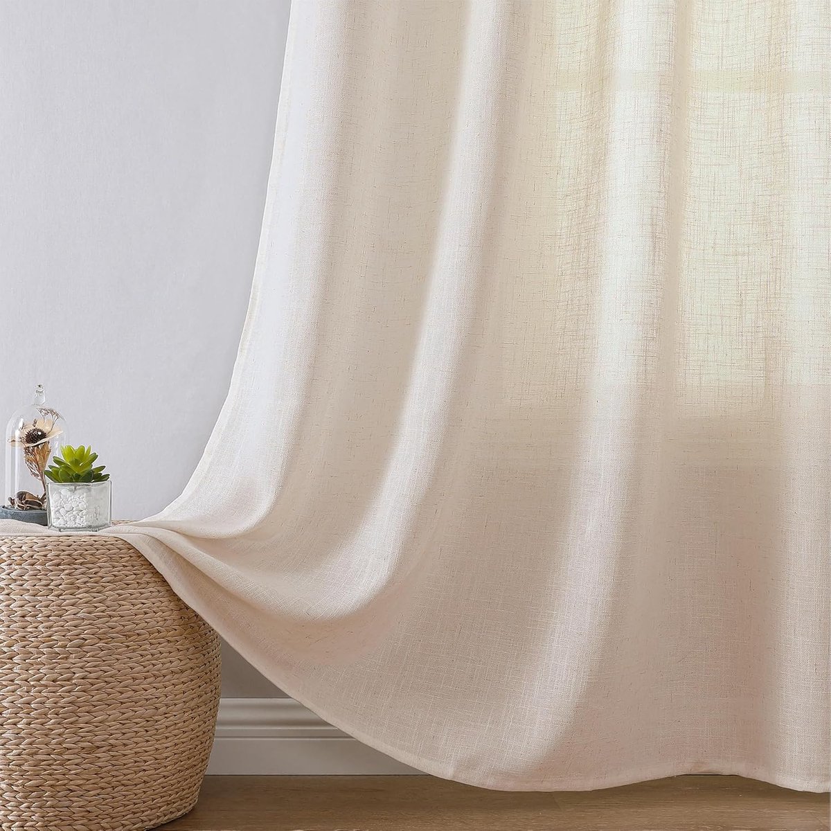 Gordijnen van linnen, halftransparant, voor binnenruimtes, ramen, 2 stuks, L 132 x H 225 cm, modern decoratief gordijn met oogjes voor woonkamer, slaapkamer, elegant, beige