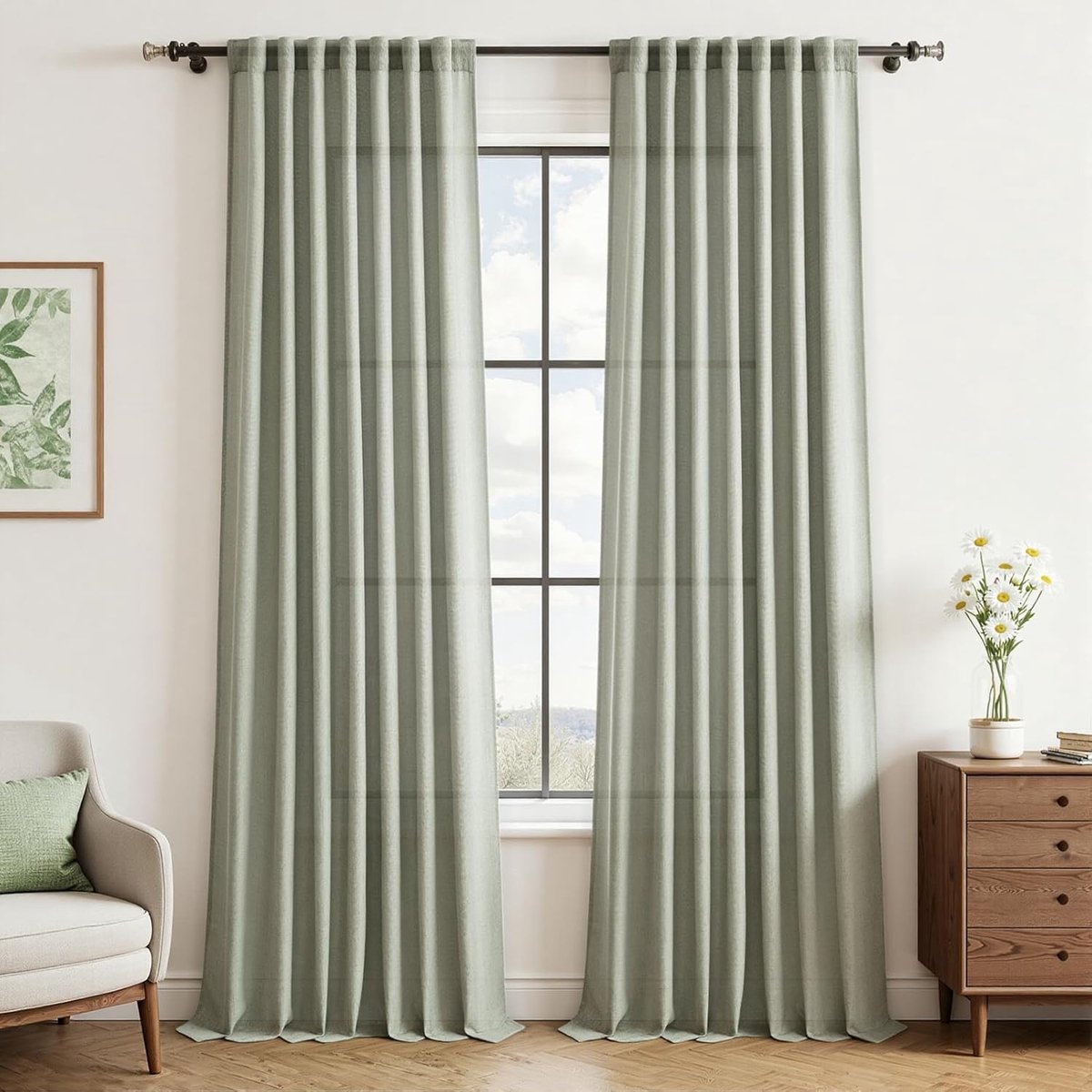 Gordijnen, groen, linnen, halftransparant, set van 2, woonkamer, modern, 260 x 140 cm (h x b), saliegroen, linnenlook, slaapkamer, met verborgen lussen, saliegroen