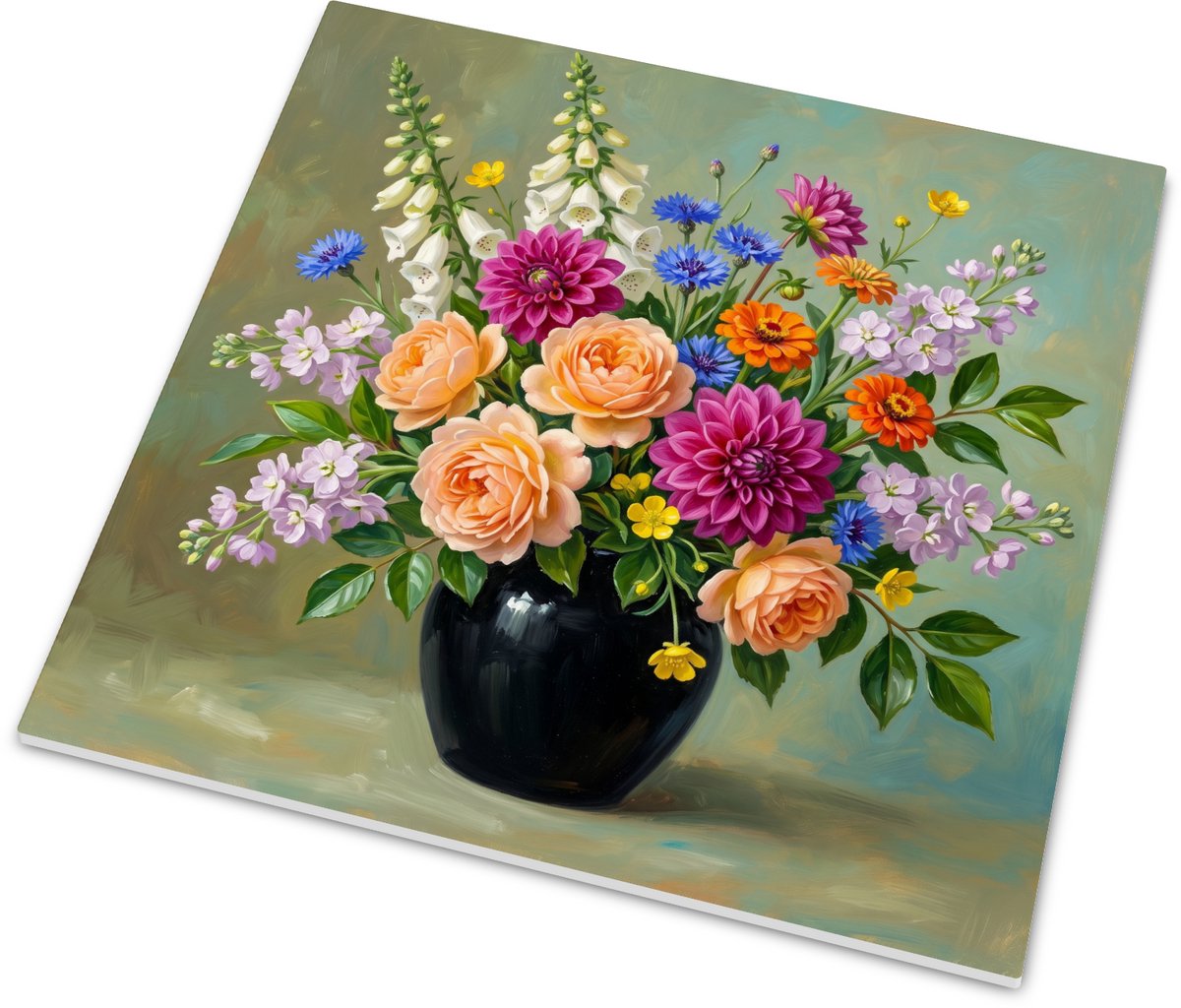 Glanzend tegeltje met vrolijk bloemen stilleven, abrikooskleurige rozen, magenta dahlia's 
