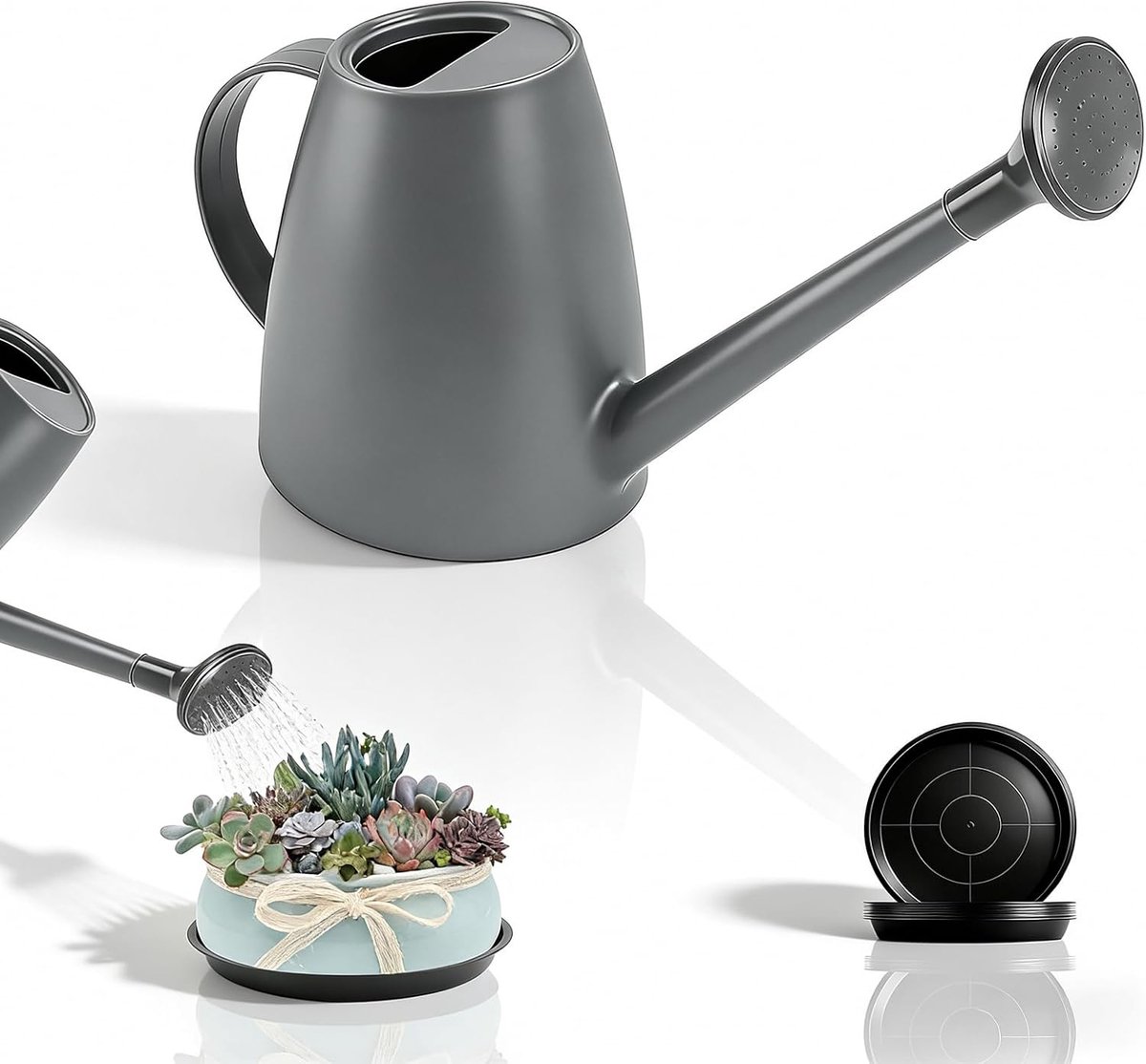 Gieter kleine gieter voor kamerplanten, kunststof, kleine gieter met lange schenktuit, met 10 stuks, zwarte bloempotonderzetter voor kamer en balkon, vetplanten, potplanten, 1,8 liter, grijs