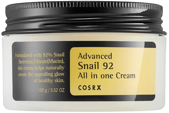 COSRX Advanced Snail 92 All in one Cream pot. De pot is wit met een zwart deksel.