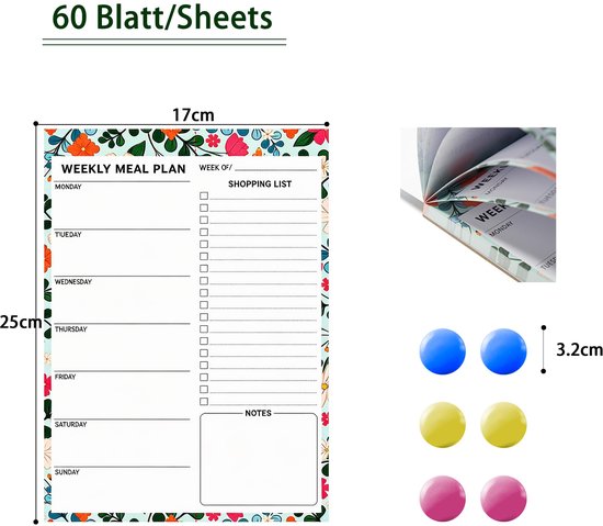 voedselplanner met 6 magneten: afneembare boodschappenlijst, magnetische koelkast en eetplanner, weekplanner, menuplanner voor familie, vrienden, dieet, B5-blok — afbeelding 3