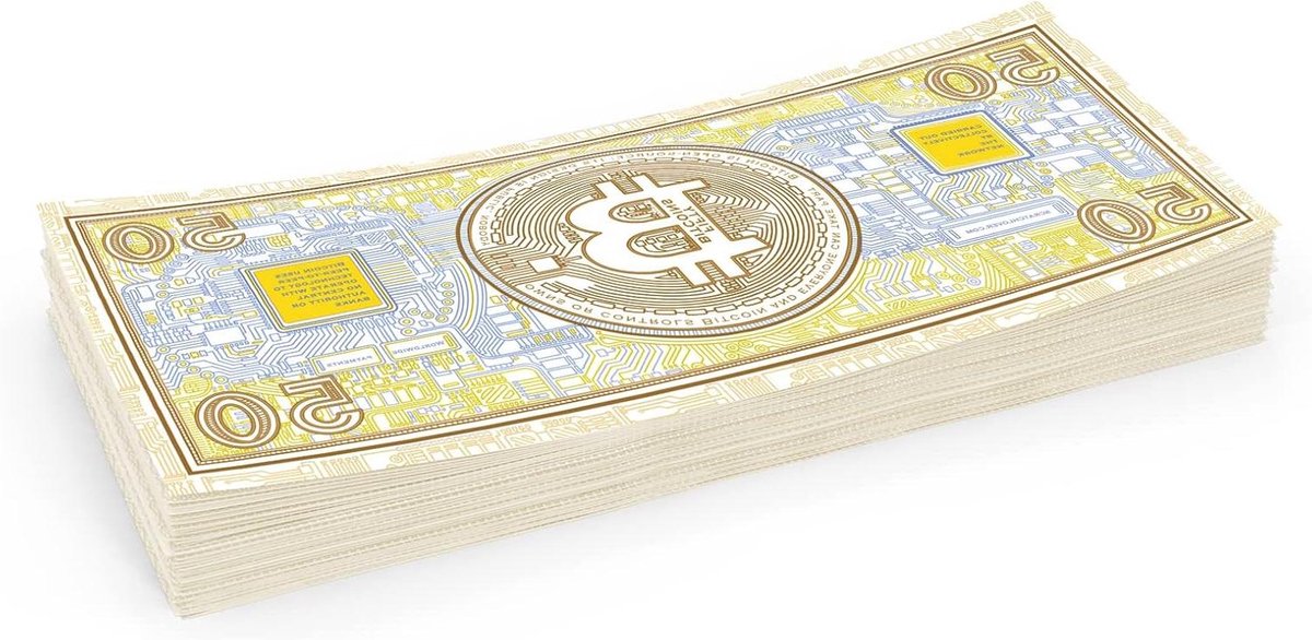 Krasgeld Bitcoin Biljetten - Speelgeld Crypto - Cadeau Vullen - Dubbelzijdig Bedrukt - 145 x 62 x 1 cm - Goud
