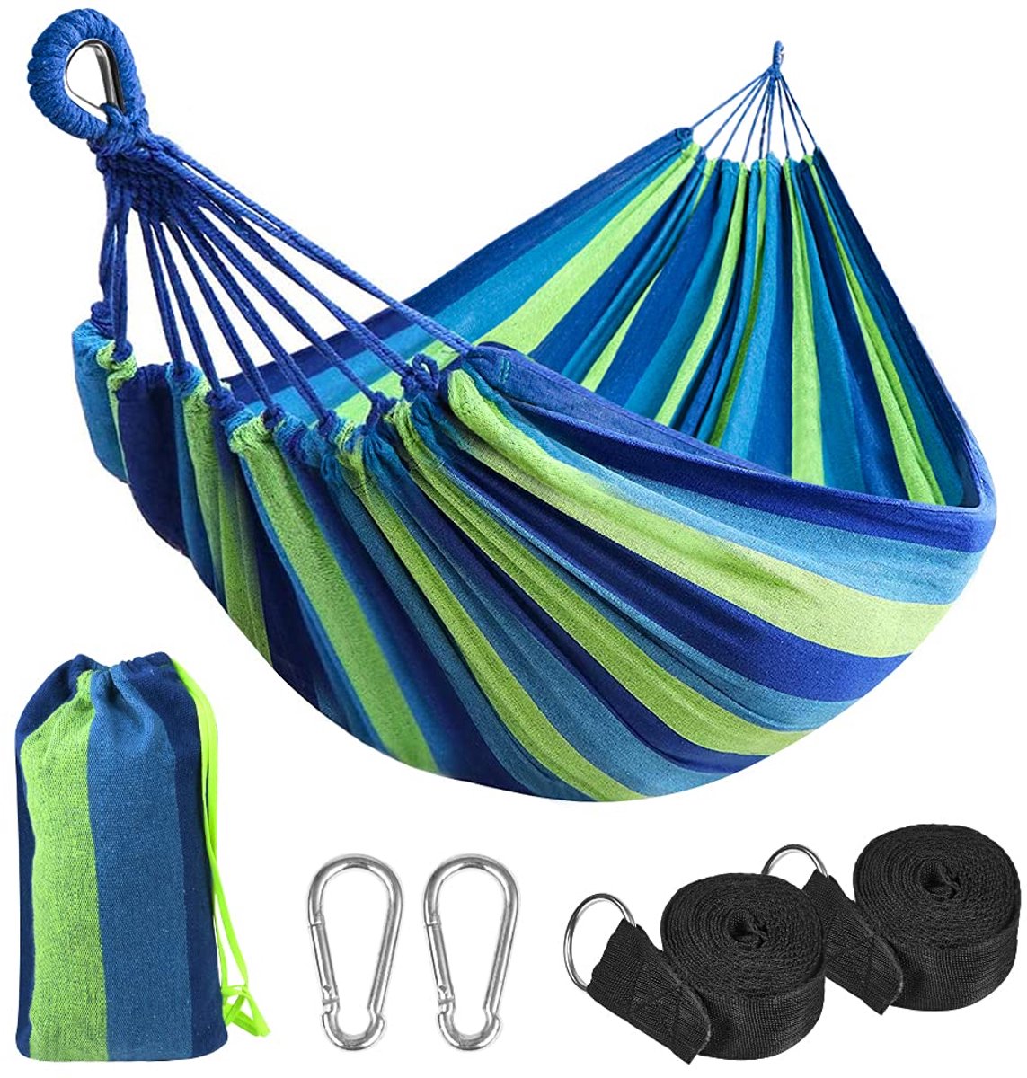 Hangmat Outdoor, 210 x 150 cm, Lichtgewicht Katoenen Hangmat, Draagvermogen tot 300 kg, Draagbaar en Duurzaam voor Terras, Tuin, Camping, Reizen, Strand (Inclusief Draagtas)