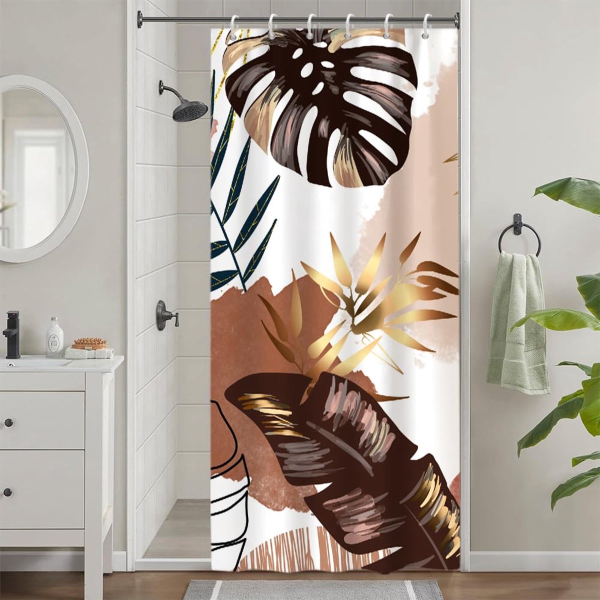 douchegordijn tegen schimmel, smal, 90 x 180 cm, bohemien, abstract, tropisch, foglie di palmboom, badgordijn, stof, wasbaar, waterdicht, badkamergordijnen met 6 haken