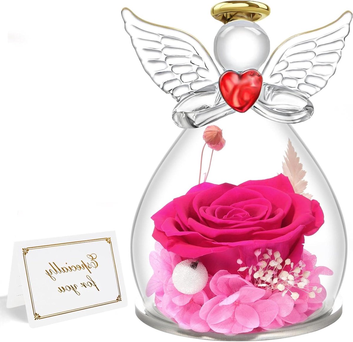 Eeuwige Roos Engel - Bloem Geschenk - Liefde Tonen - Echte Roos Glas - 7x7x10.5 cm - Roze