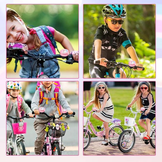 Collage van kinderen op fietsen met roze fietsbellen met eenhoorns.