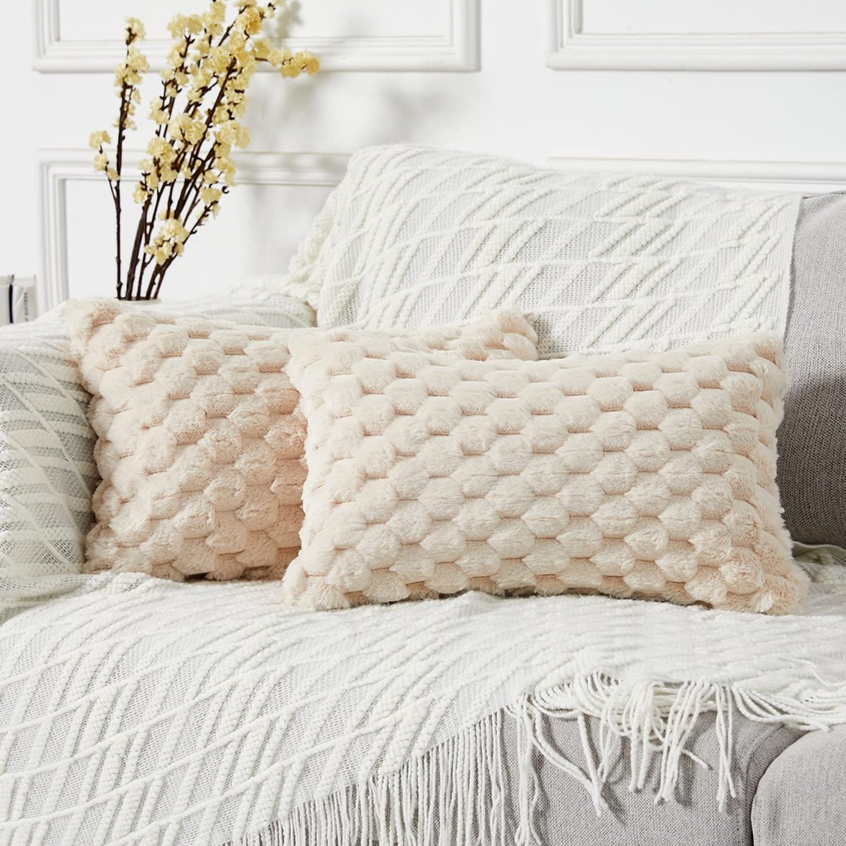 Set van 2 decoratieve kussenslopen van imitatiebont beige 30 cm x 50 cm effen rechthoekige kussenslopen zachte, knusse luxe kussenslopen bank bed woonkamer