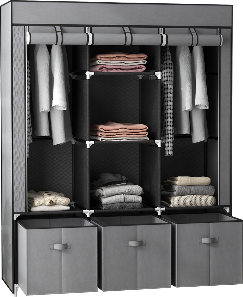 ECTEATOY® Opvouwbare Stoffen Kledingkast met 5 Planken, 2 Kledingroedes & 3 Lades - Garderobekast - 125x43x162.5 cm - Grijs