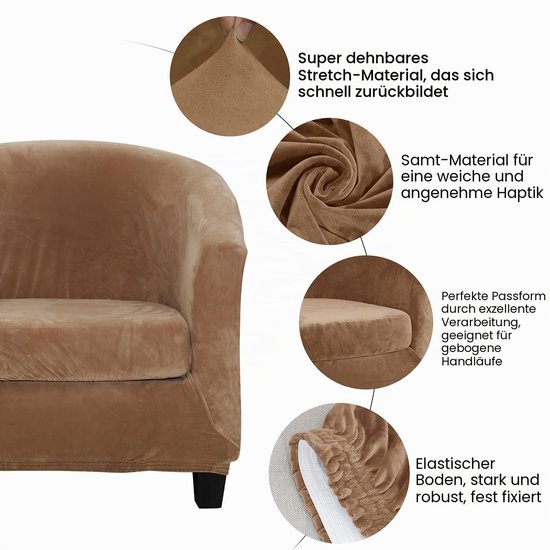 Velours-hoes voor clubfauteuil, tweedelige set, rekbaar, voor woonkamer, fauteuil, cabrio, kuipstoel, met kussensloop (leerkleur) — afbeelding 4