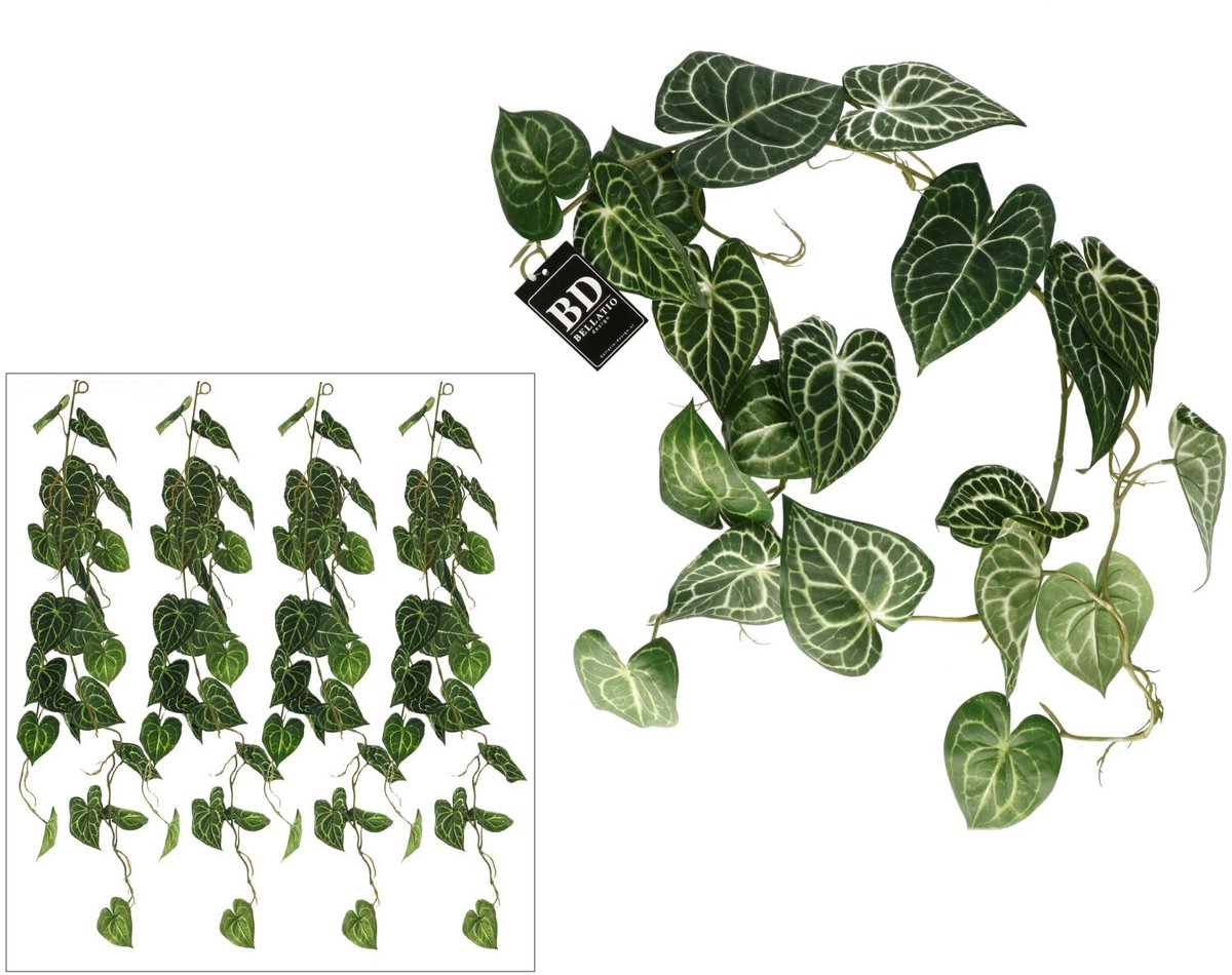 Bellatio Design kunstplant/hangplant slinger - 4x - Anthurium - groen - 109 cm lang - planten guirlandes