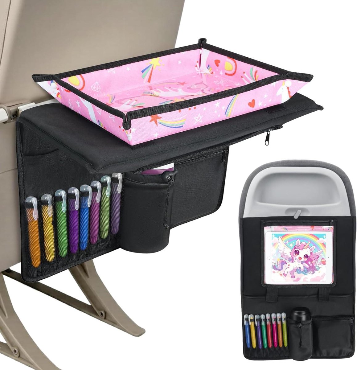 Kinderen Reis Dienblad - Vliegtuig Tafel - Reizen met Kinderen - Met Tablethouder - 32 x 38 cm - Eenhoorn Roze