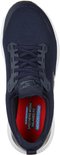 Bovenaanzicht van een donkerblauwe instapper met rode binnenzool met "SKECHERS WORK RELAXED FIT MEMORY FOAM" opschrift.