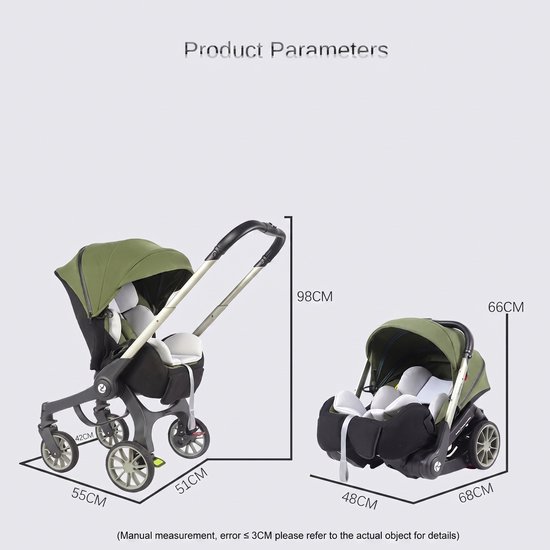 Afmetingen van een legergroene kinderwagen en een bijbehorende autostoel. Kinderwagen: 98x51x55cm. Autostoel: 66x48x68cm.