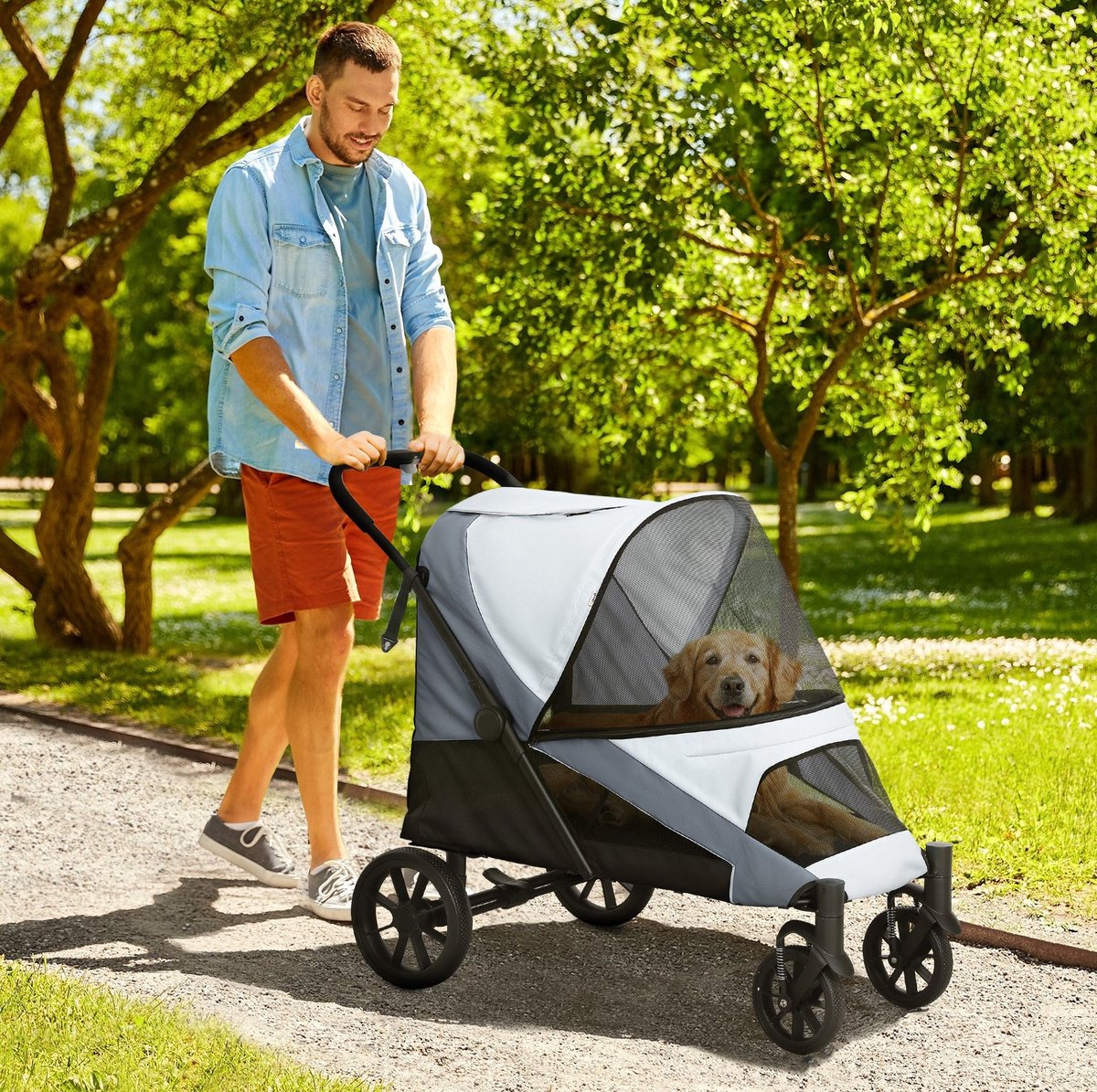 MEUNIQ Hondenbuggy opvouwbaar 124 x 67 x 100 cm tot 30 kg met netvensters, kussen, 2 veiligheidslijnen, voetrem en opbergzak voor wandelingen, grijs