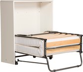 Wit opklapbed van Troonz, gedeeltelijk uitgeklapt met matras en houten lattenbodem.