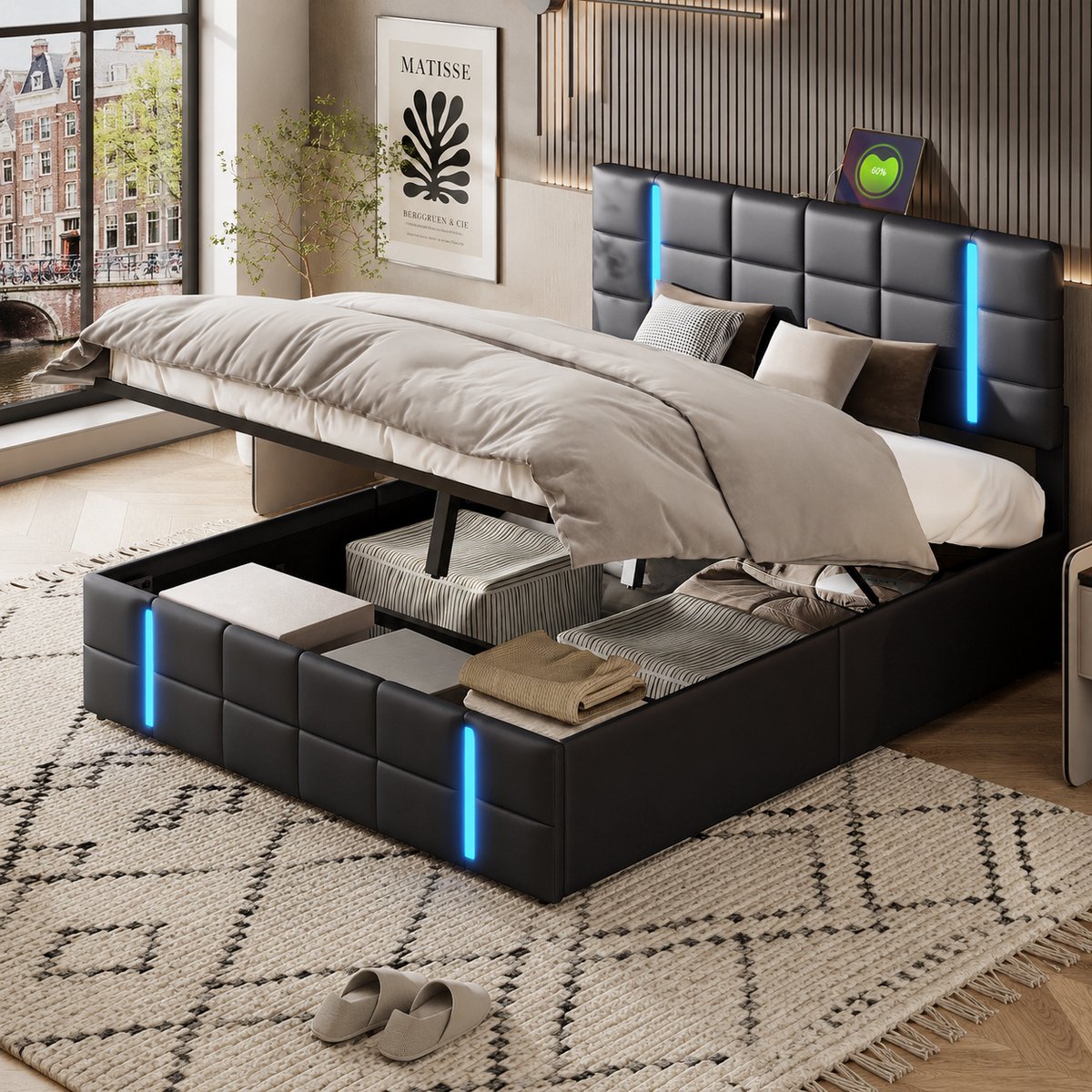 Opbergbed 140x200 met lattenbodem, tweepersoonsbed met ledverlichting en USB-poort, gestoffeerd 140x200 voor 2 personen, hydraulisch bed voor volwassenen en tieners, zwart PU