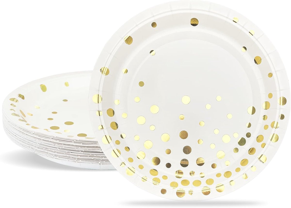 Papieren borden, wegwerpborden, feestservies, wit met goudprint gestippeld, 18 cm, papieren serviesset feestaccessoires, 24 stuks borden voor verjaardagen, bruiloften, jubileum