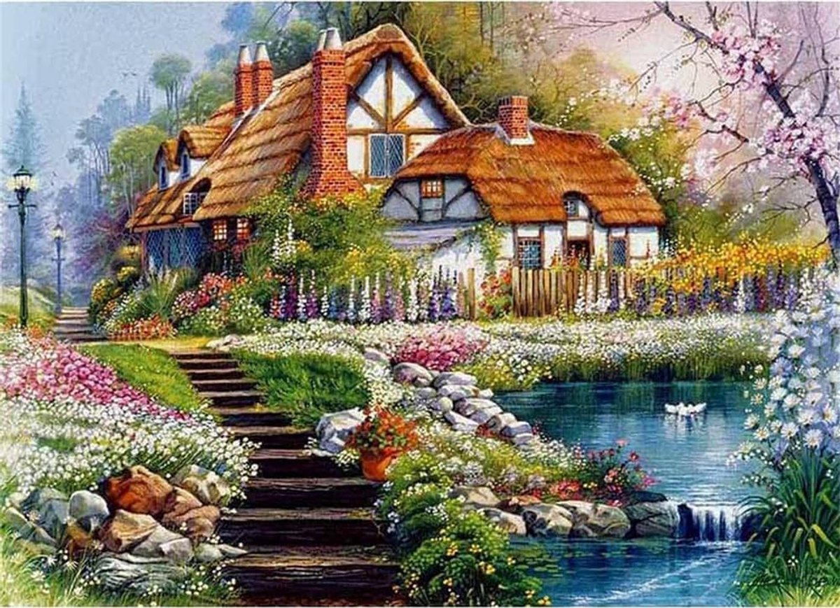 Kruissteeksets 11 Count gestempeld, Landschap Lake Duck House Villa borduurpakket met accessoires voorgedrukt (36cm x 46cm) (Landschap 2)