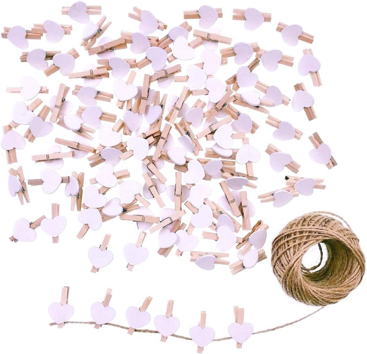 100 x Mini Houten Witte Hart Pinnen 3cm + Jute Touw String 30m voor Bruiloft Feest Foto Houder Kaarten Decoratie en DIY Craft