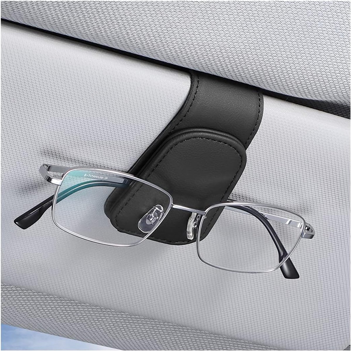 Brilhouder voor auto, zonneklep, autovizier, brilhouder, magnetische lederen brilhouder, clip, ticketkaarten, clip, brilhouder, geschenken (zwart)