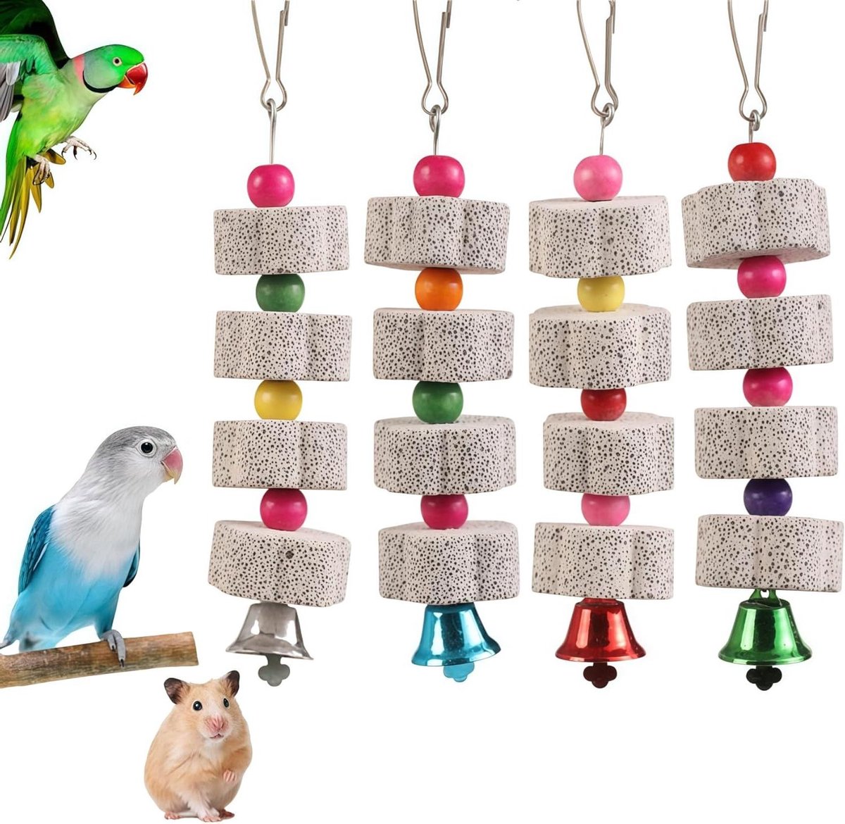 Vogel Speelgoed Set - Knaagspeelgoed Papegaai - Gezonde Snavel Ontwikkeling - Met Bel en Mineraalsteen - 4 stuks