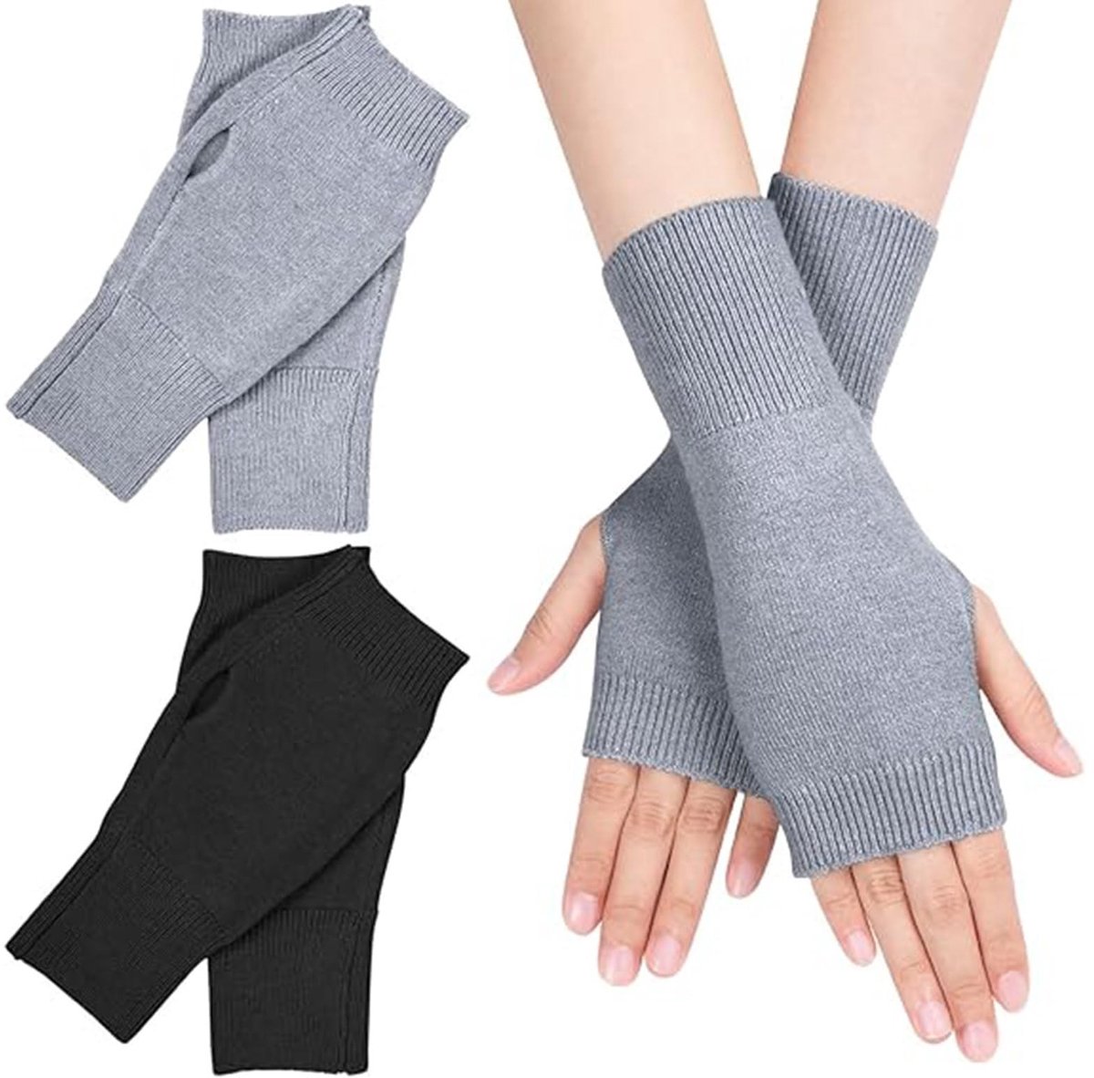 Dailygoods- Vingerloze Handschoenen - 2 Paar - Kasjmier/Polyester - Thermisch - Polswarmer - Zwart/Grijs - Lichtgewicht en comfortabel