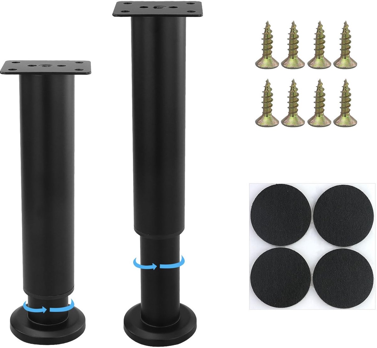 Dailygoods- Meubelpoten Verstelbaar - Meubelpoten Set van 2 - Hoogte Verstelbaar 18-30 cm - Zwarte Meubelpoten - Metalen Meubelpoten - Inclusief Schroeven en Vilten Matten