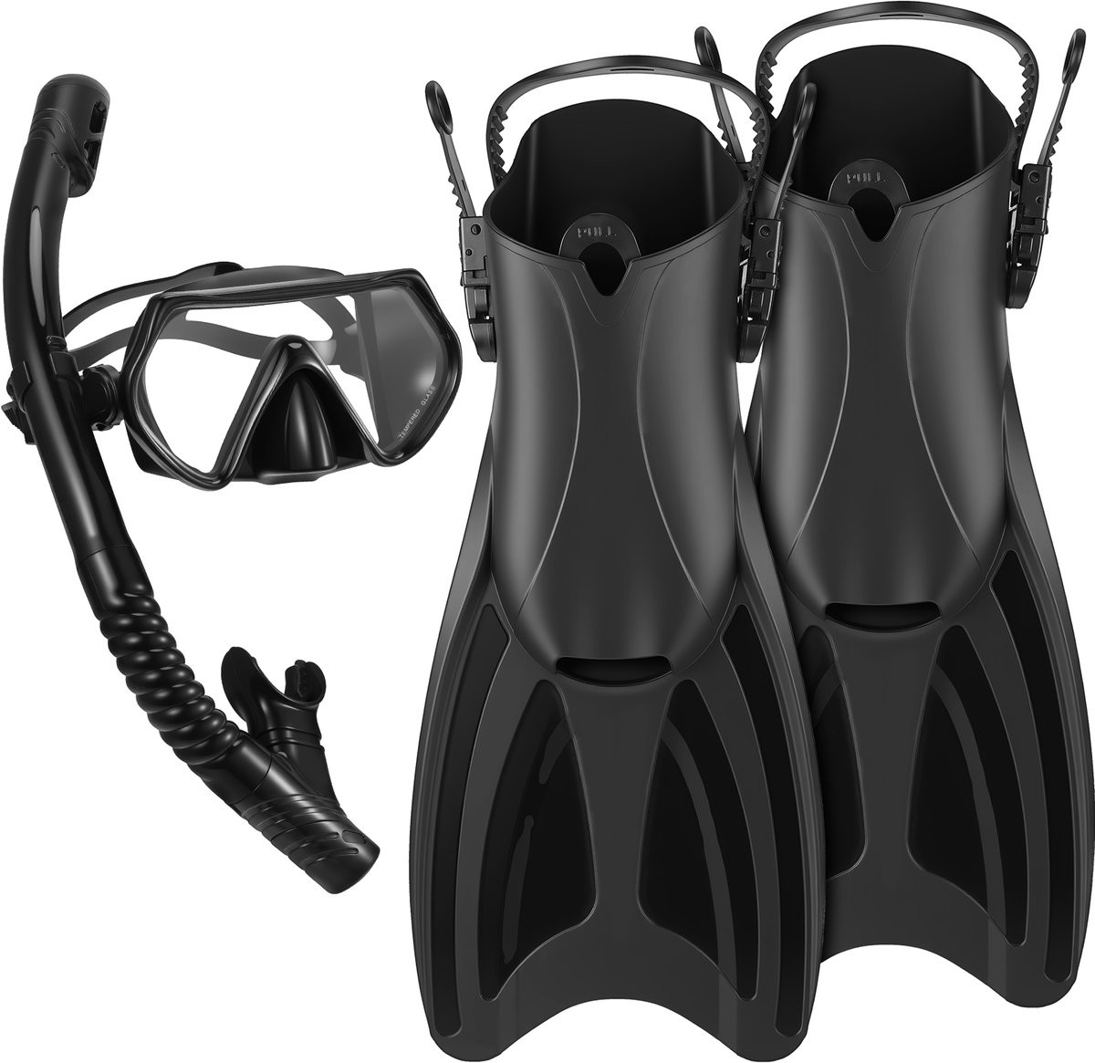 Complete Snorkelset L/XL – Anti-condens & Lekvrij Duikmasker, Snorkel & Vinnen – Geschikt voor Tieners, Mannen & Vrouwen – Zwart – Geschikt om te snorkelen en te duiken