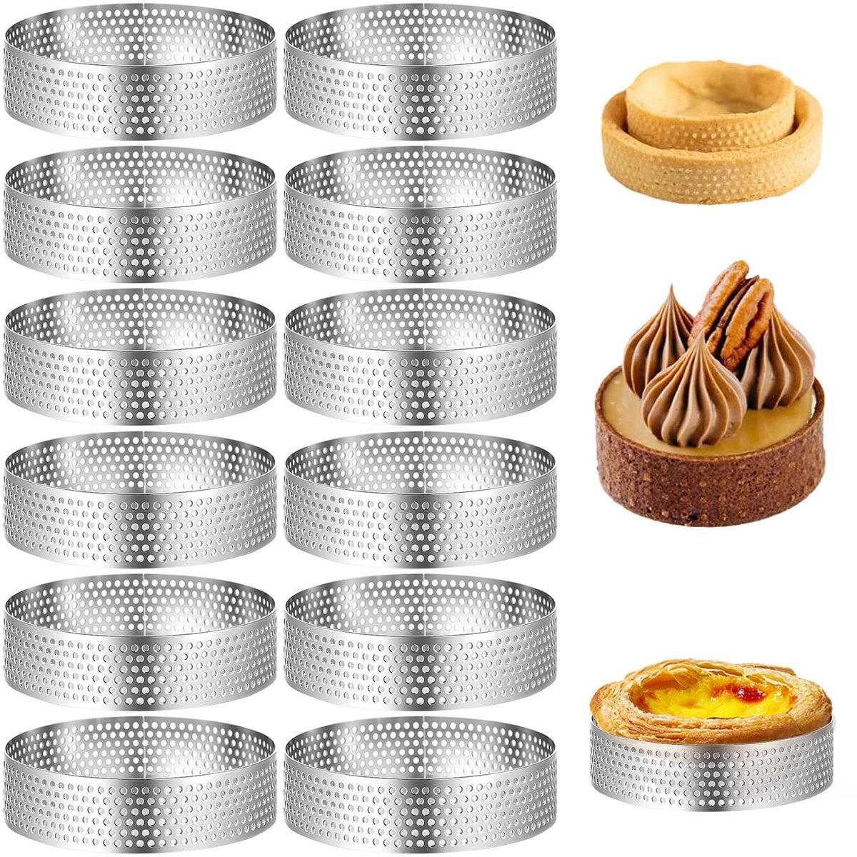 Dailygoods- Tarteletvormpjes 12 stuks - Dessertringen - Roestvrij Staal - Geperforeerde Bakvormen - Mousse/Mini-Pizza's - Optimale Luchtcirculatie