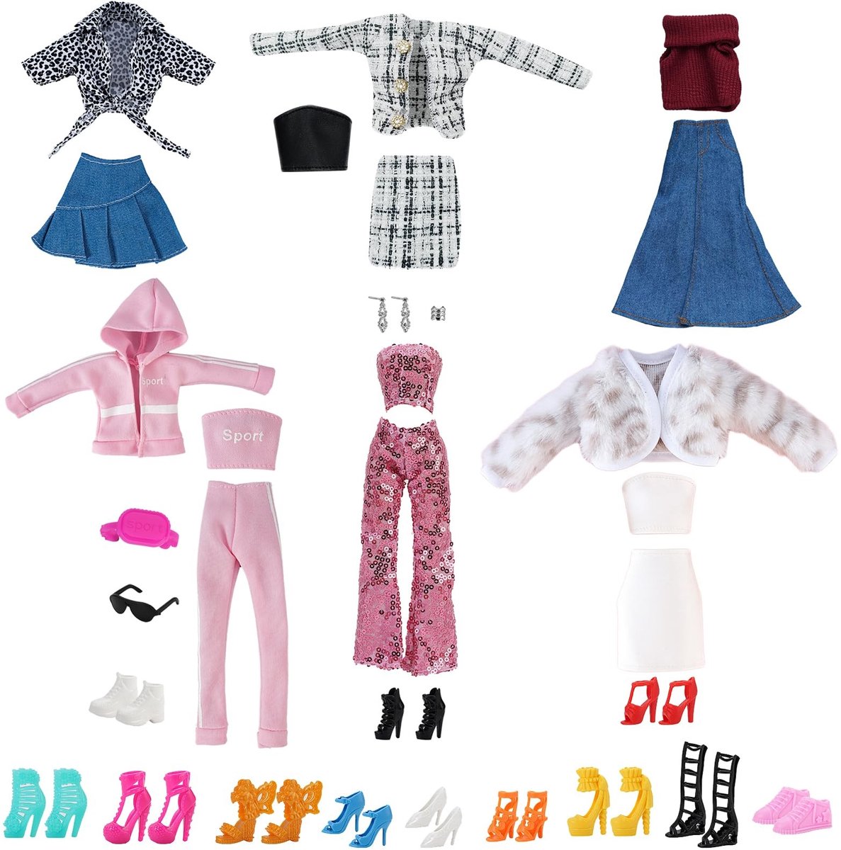 Dailygoods- Poppenkledingaccessoires 30 Stuks - 6 Jurken - 7 Schoenen - Modieuze Outfits - Verjaardagscadeau - Verbeter Praktische Vaardigheden - Poppenkleding