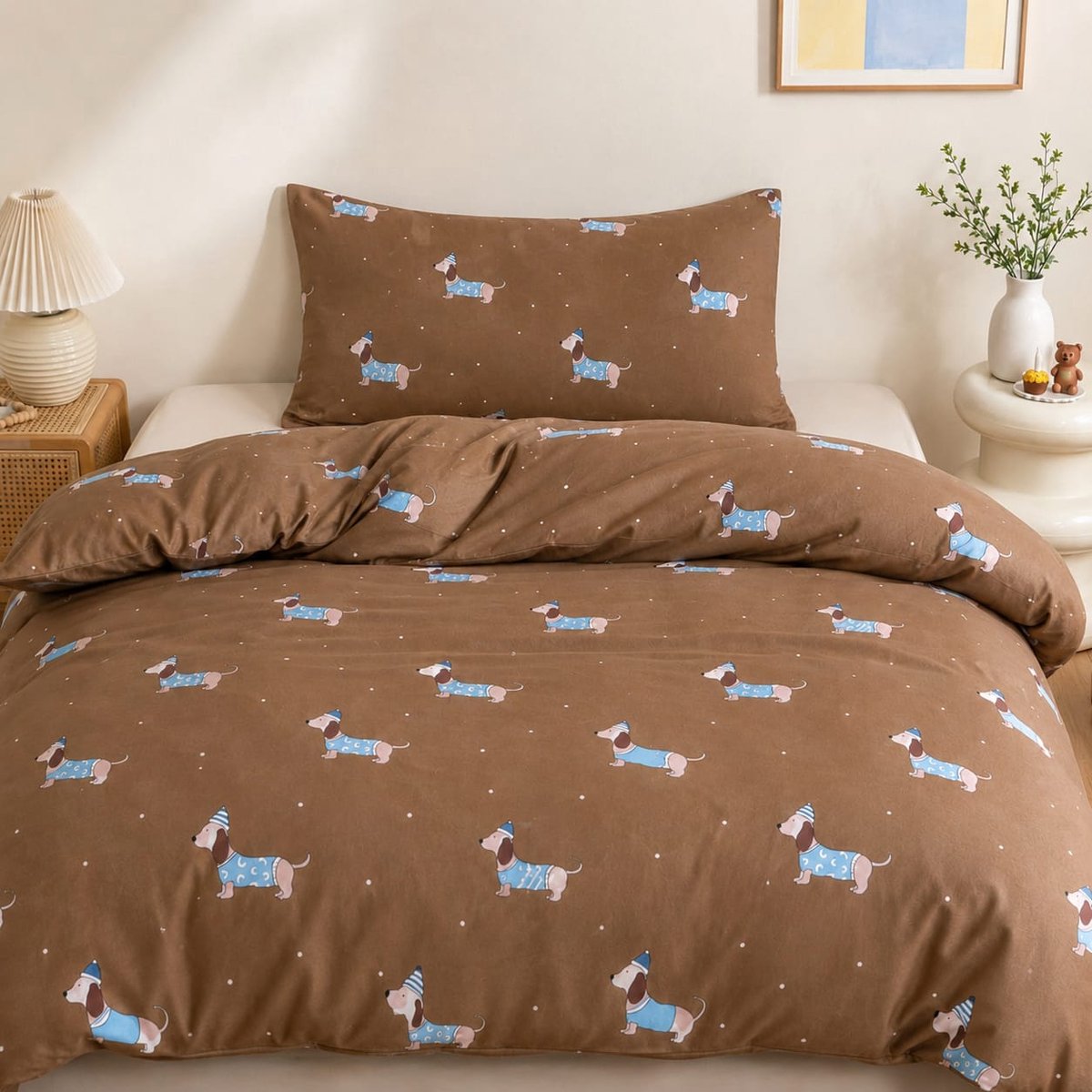 Beddengoedset 135x200 cm met bruine Teckel print, allergievriendelijk microvezel, OEKO-TEX - dekbedovertrek met ritssluiting en kussensloop 80x80 cm